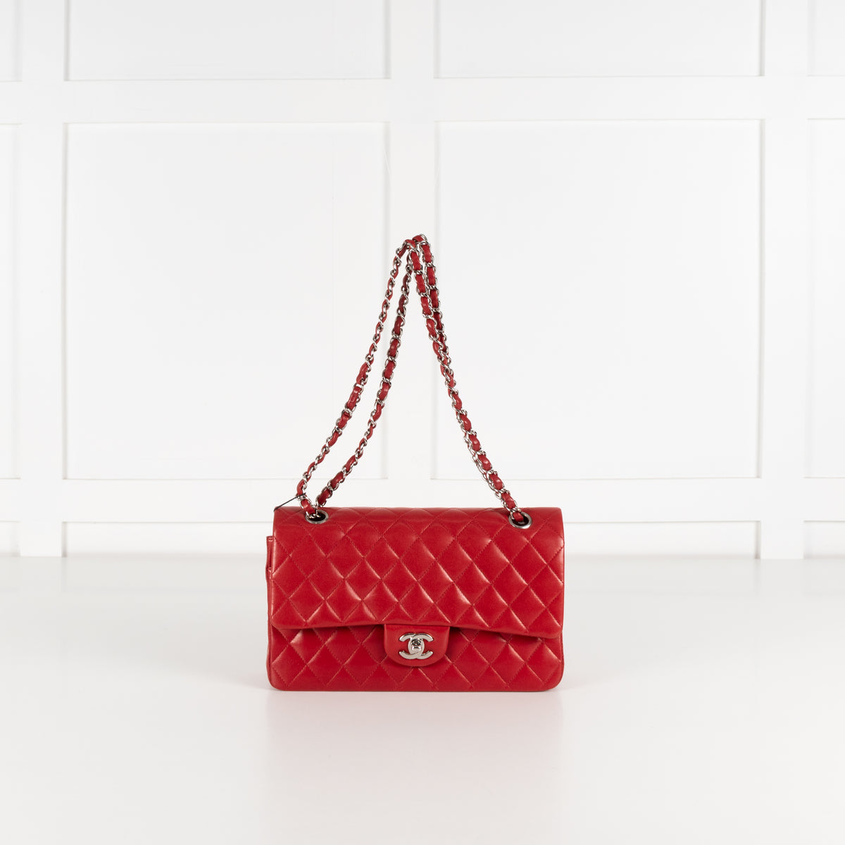 Chanel Medium Red Matelasse Double Flap with Silver Hardware