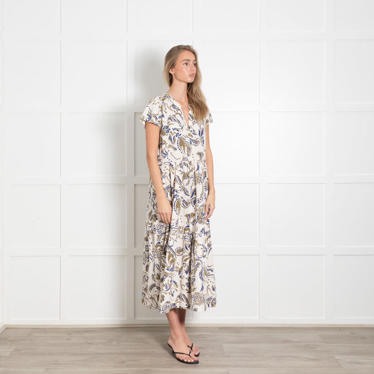 Me + Em Blue and Khaki Floral Cotton Jersey Midi Dress