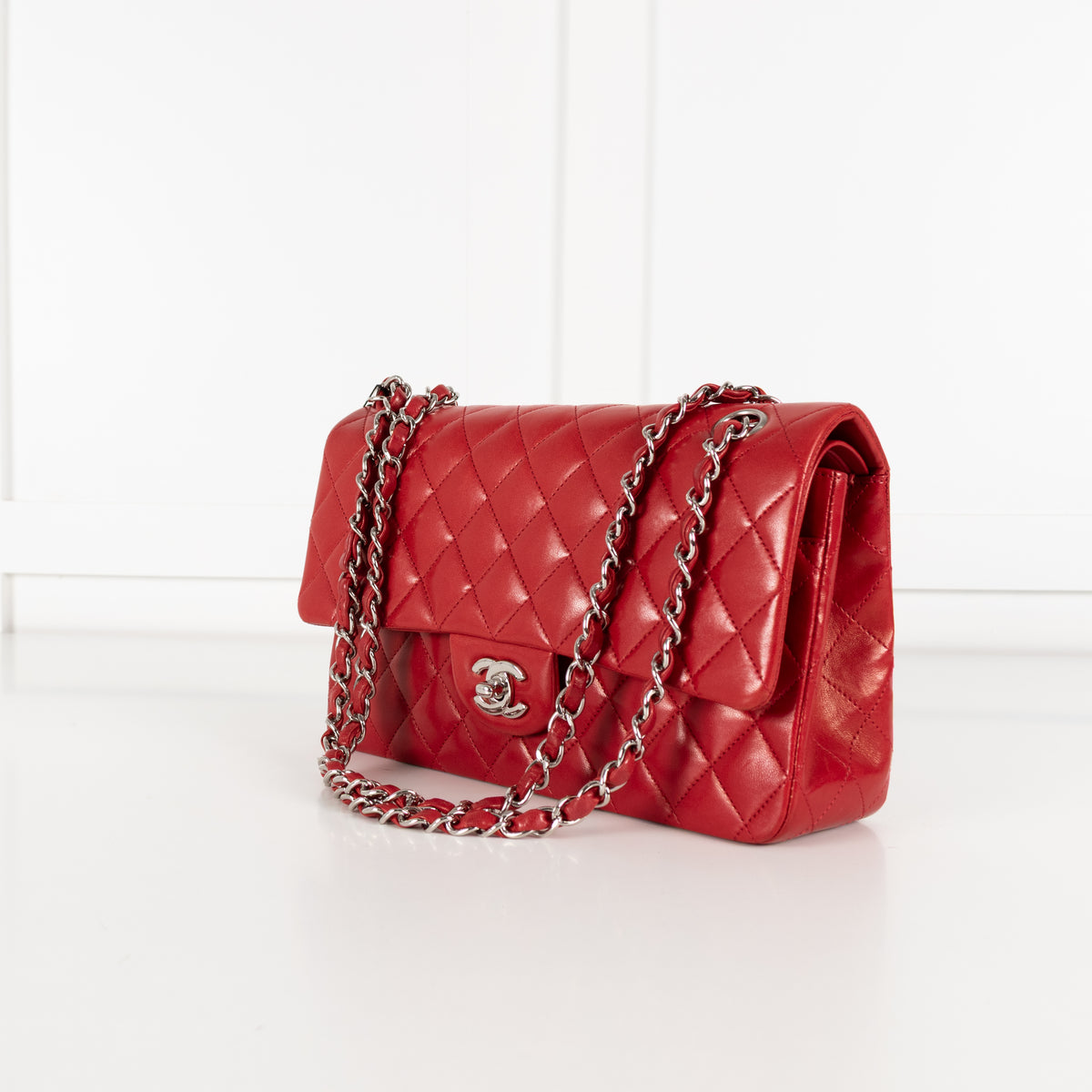 Chanel Medium Red Matelasse Double Flap with Silver Hardware