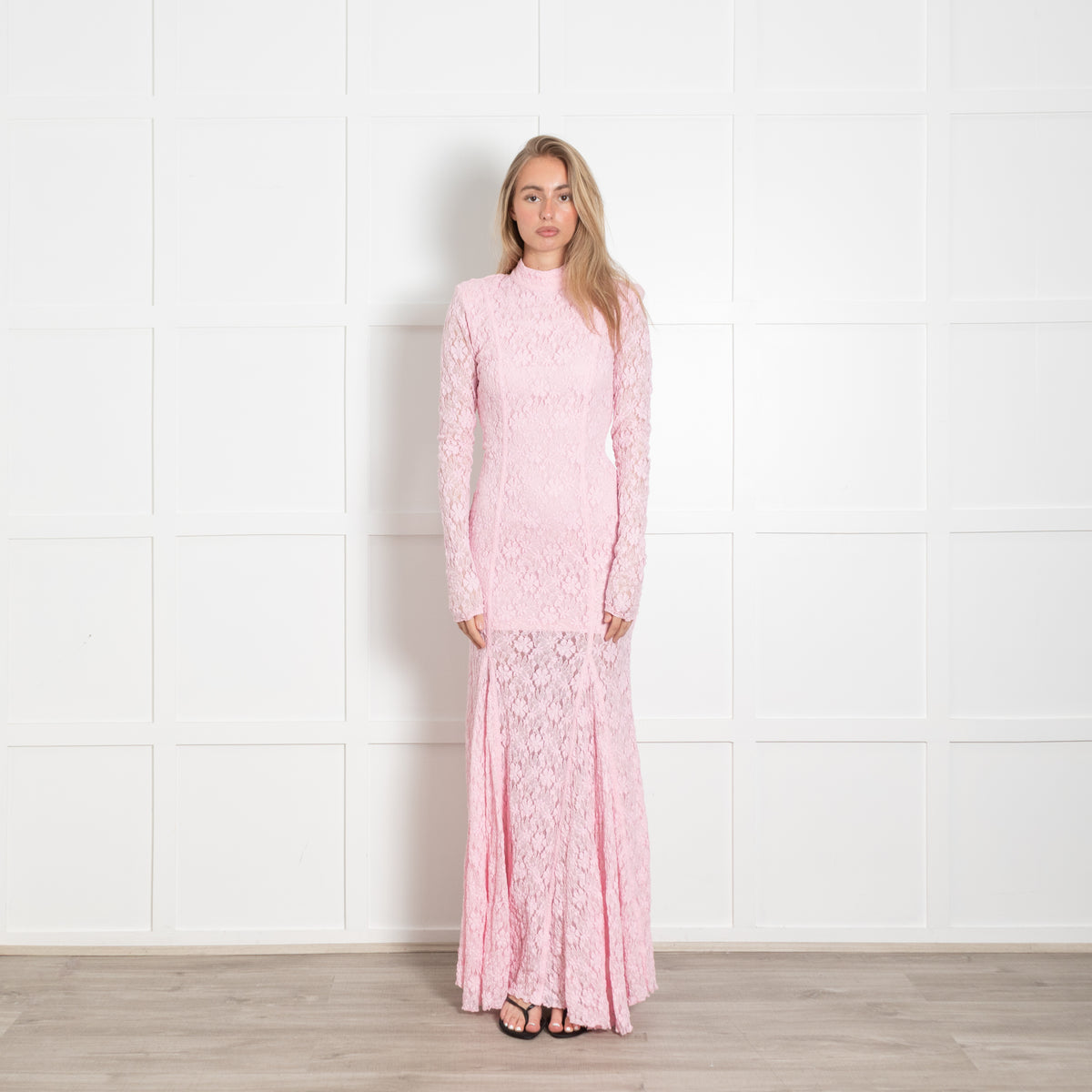 Rotate Pink Stretch Lace Maxi Dress With Lace Up Back