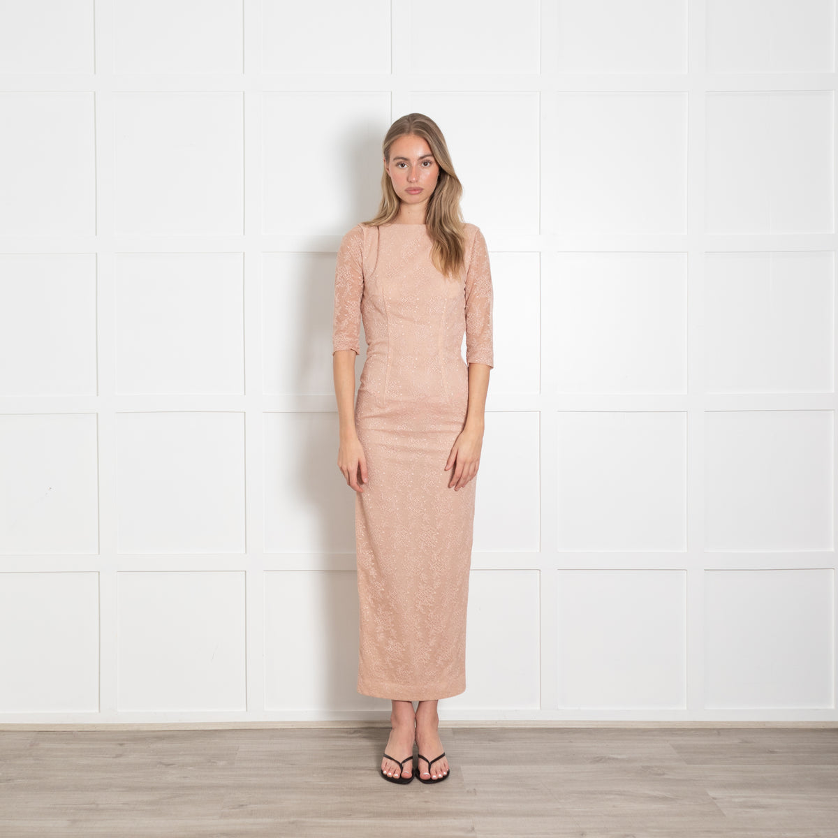 Alessandra Rich Pale Rose Stretch Chantilly Lace Column Dress With Back Neck Tie