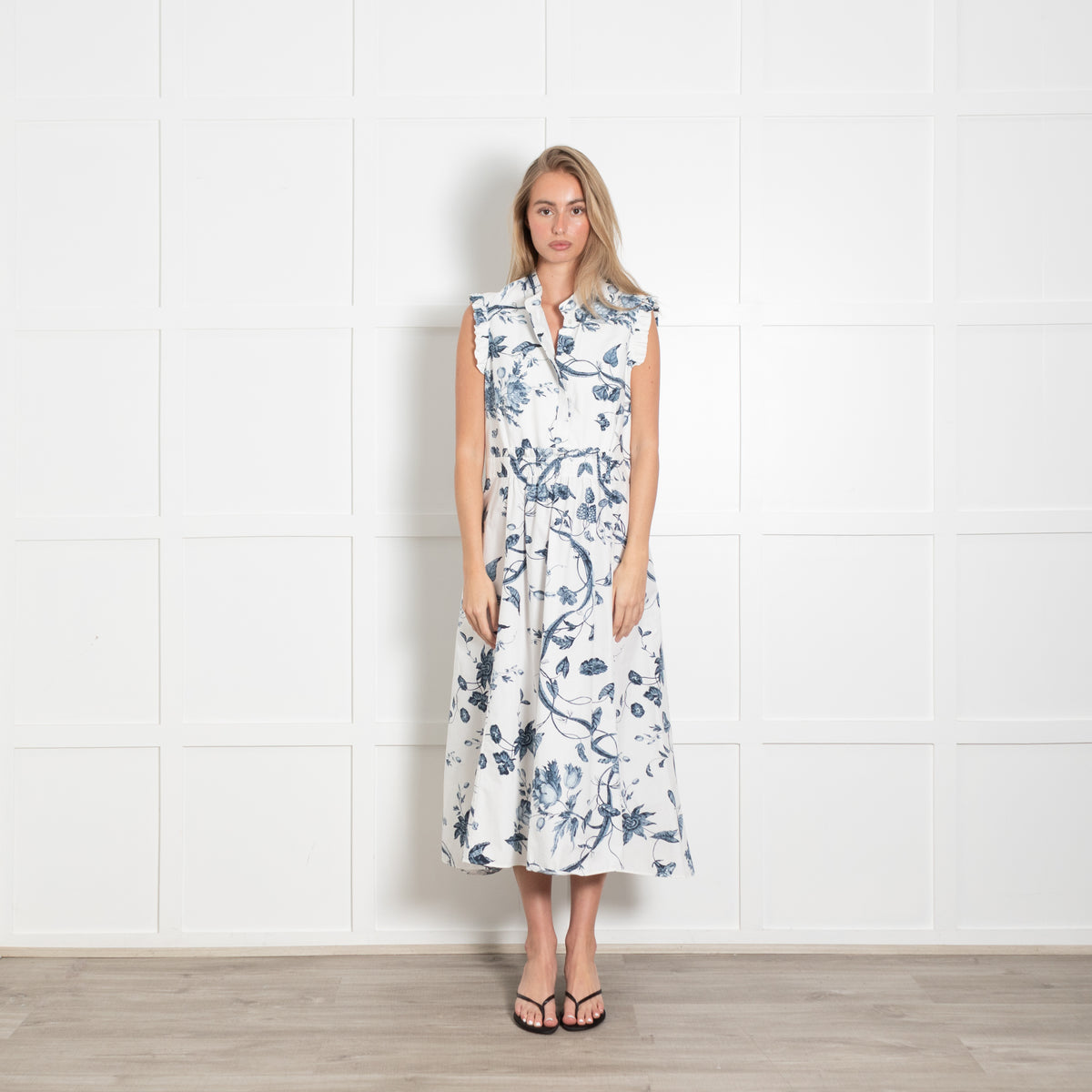 Erdem White Cotton Dress with Blue Floral Detailing