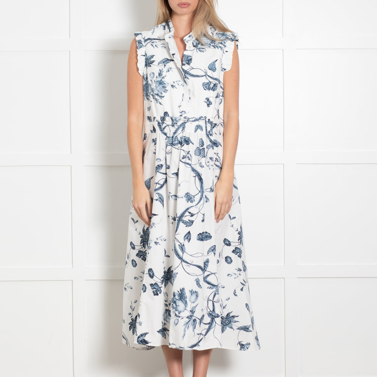 Erdem White Cotton Dress with Blue Floral Detailing