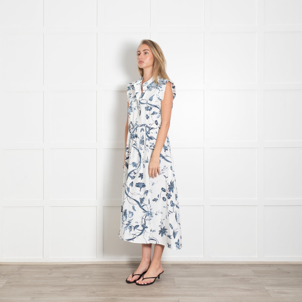 Erdem White Cotton Dress with Blue Floral Detailing