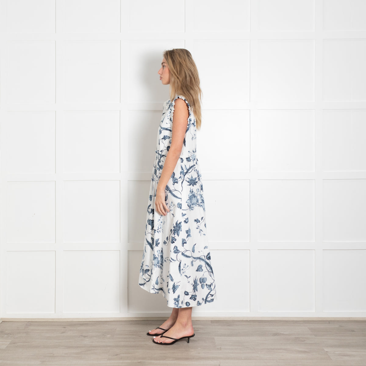 Erdem White Cotton Dress with Blue Floral Detailing
