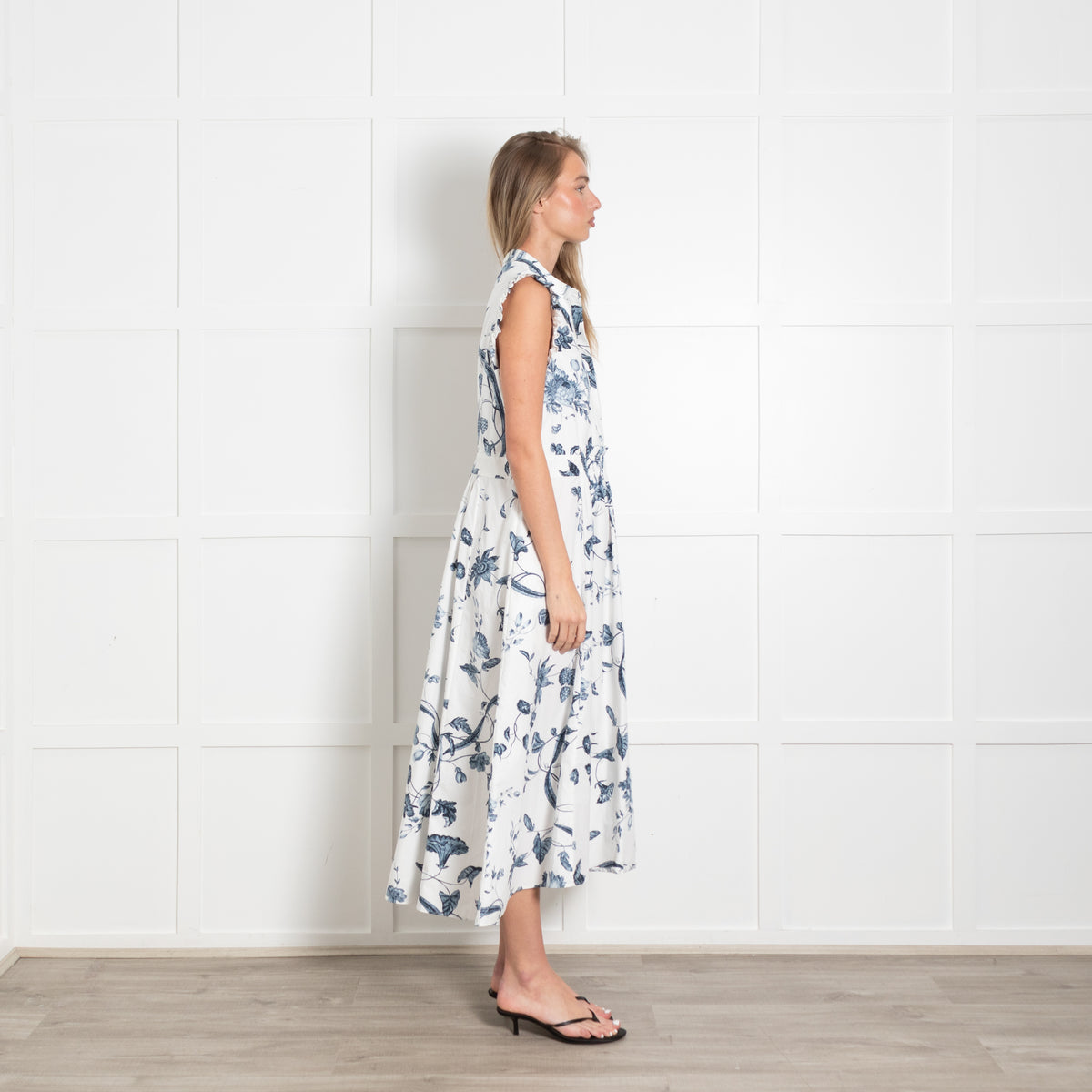 Erdem White Cotton Dress with Blue Floral Detailing