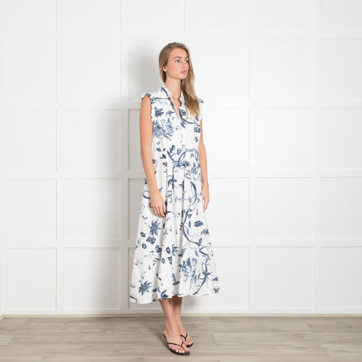 Erdem White Cotton Dress with Blue Floral Detailing