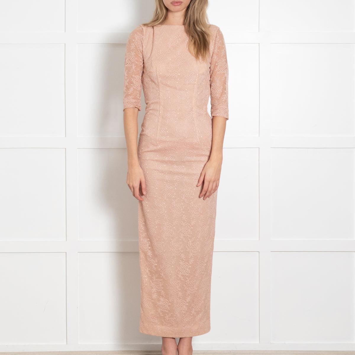 Alessandra Rich Pale Rose Stretch Chantilly Lace Column Dress With Back Neck Tie