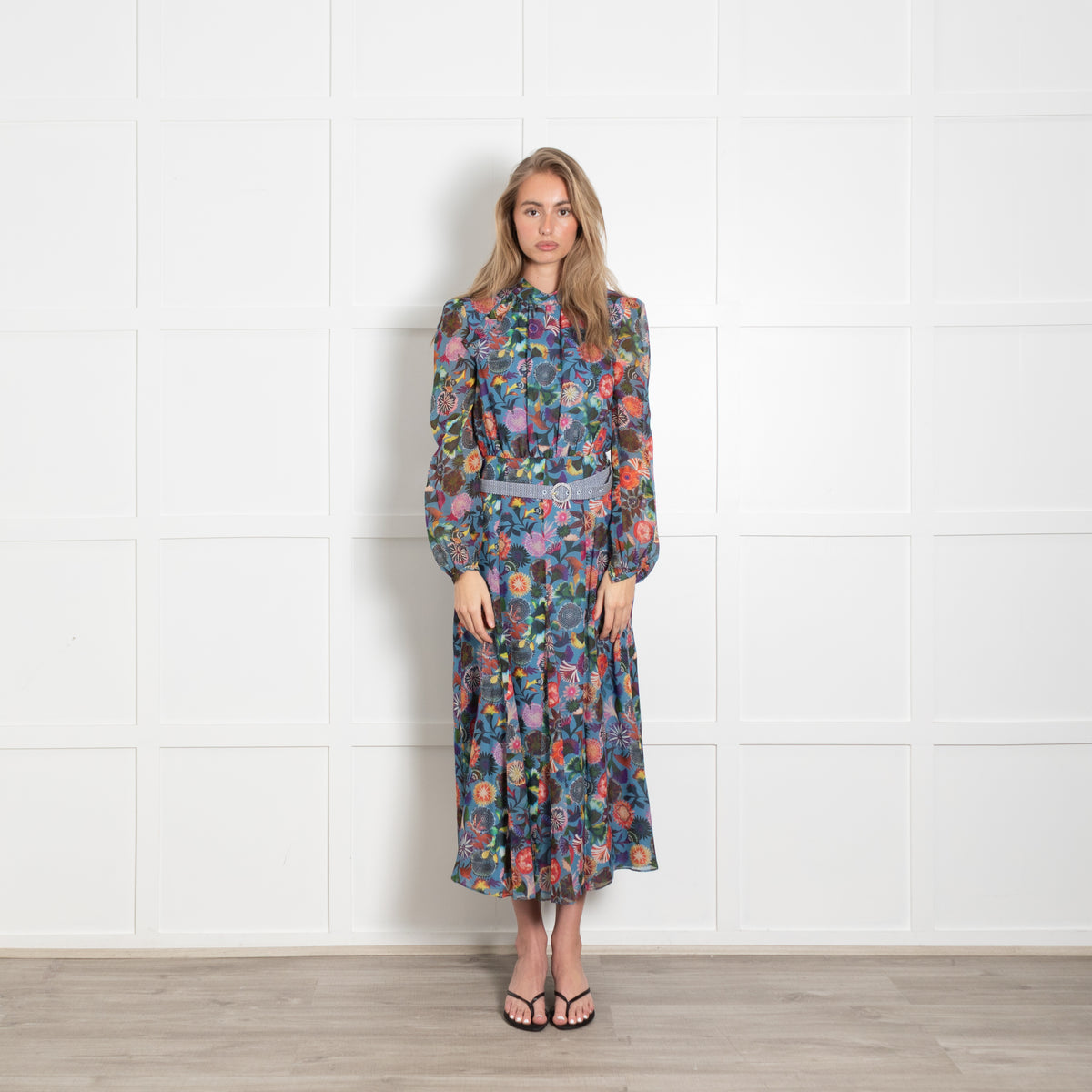 Saloni Silk Multicoloured Floral Dress With Long Chiffon Sleeves & Belt