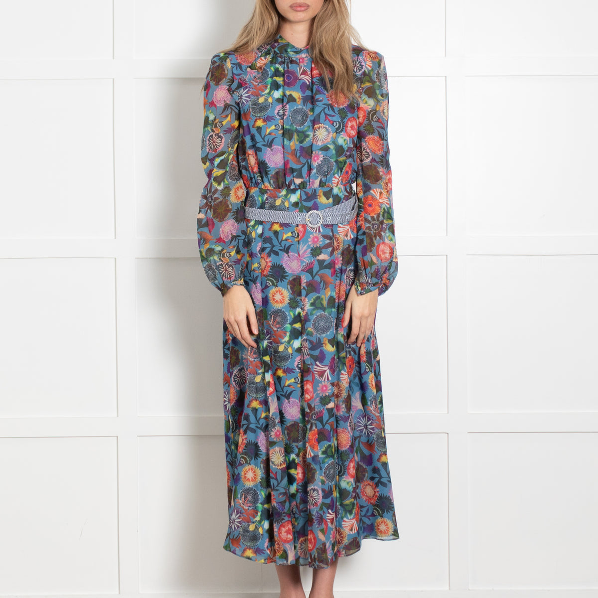 Saloni Silk Multicoloured Floral Dress With Long Chiffon Sleeves & Belt