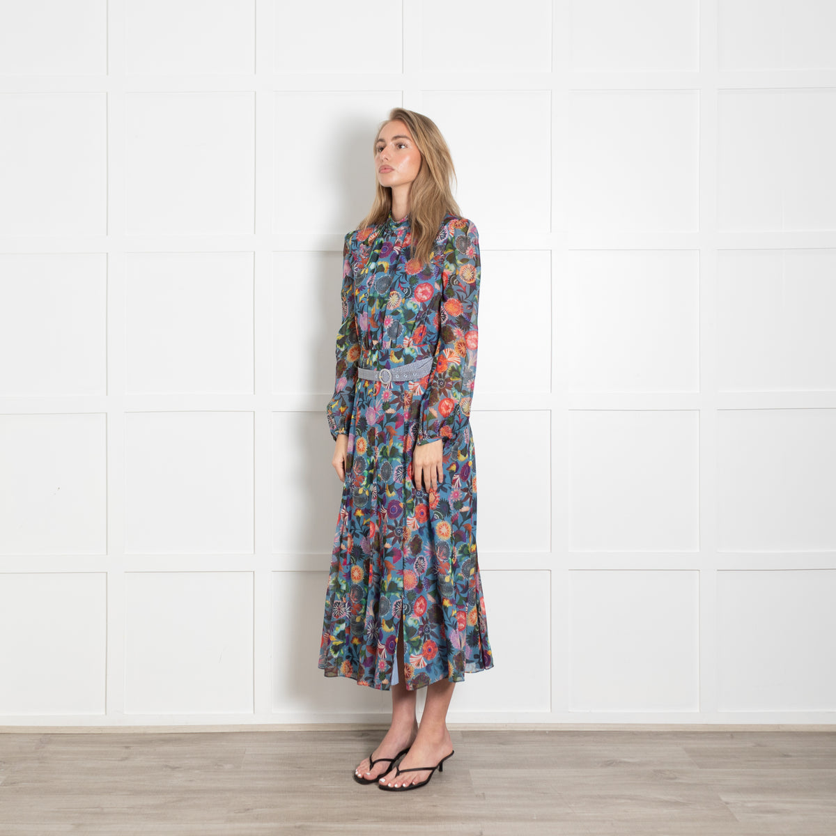 Saloni Silk Multicoloured Floral Dress With Long Chiffon Sleeves & Belt