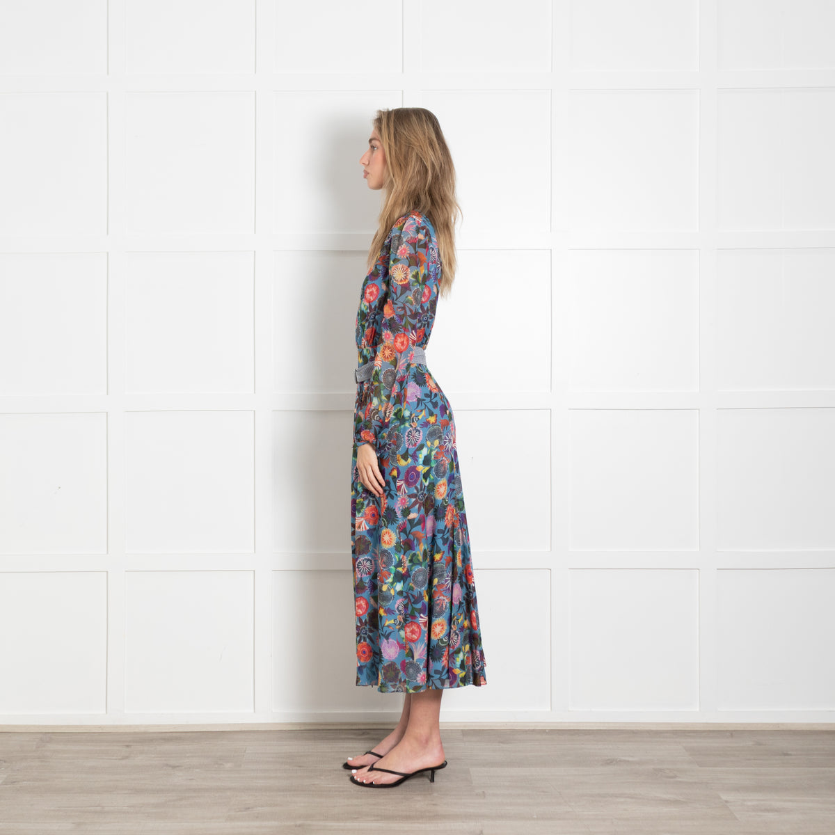 Saloni Silk Multicoloured Floral Dress With Long Chiffon Sleeves & Belt