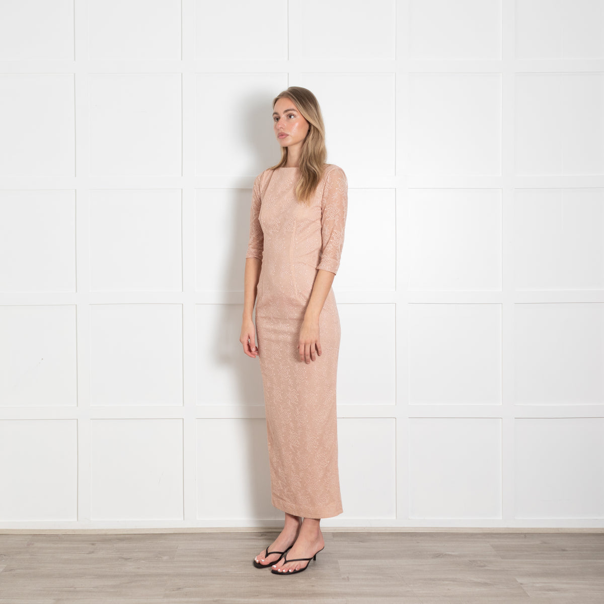 Alessandra Rich Pale Rose Stretch Chantilly Lace Column Dress With Back Neck Tie