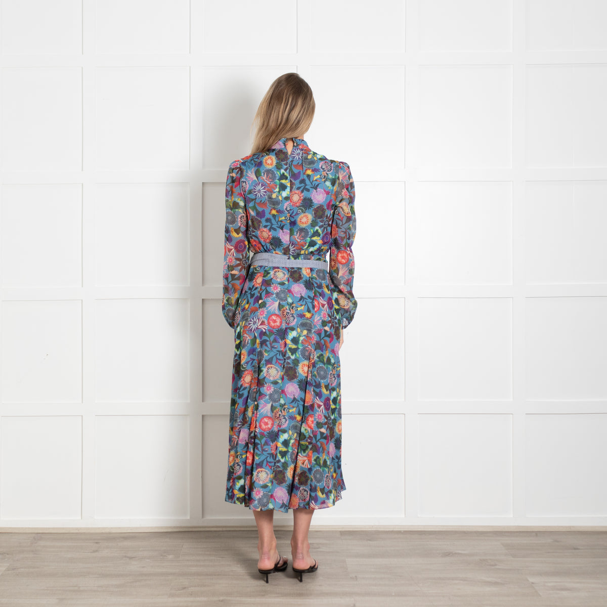Saloni Silk Multicoloured Floral Dress With Long Chiffon Sleeves & Belt
