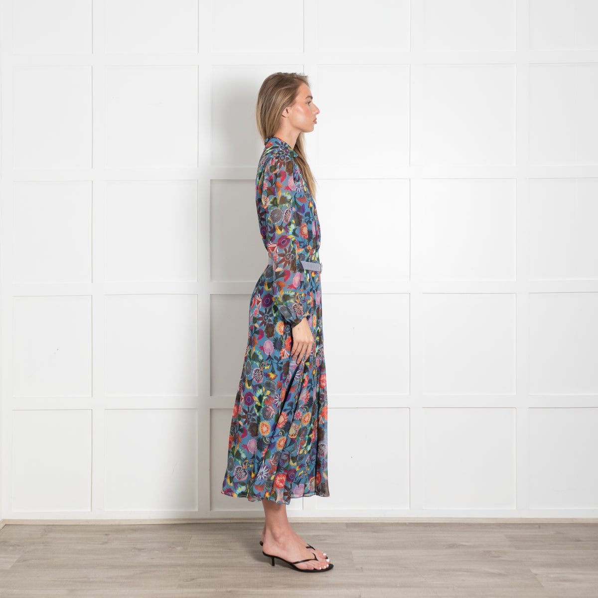Saloni Silk Multicoloured Floral Dress With Long Chiffon Sleeves & Belt