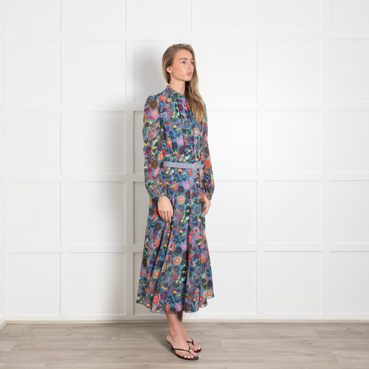 Saloni Silk Multicoloured Floral Dress With Long Chiffon Sleeves & Belt