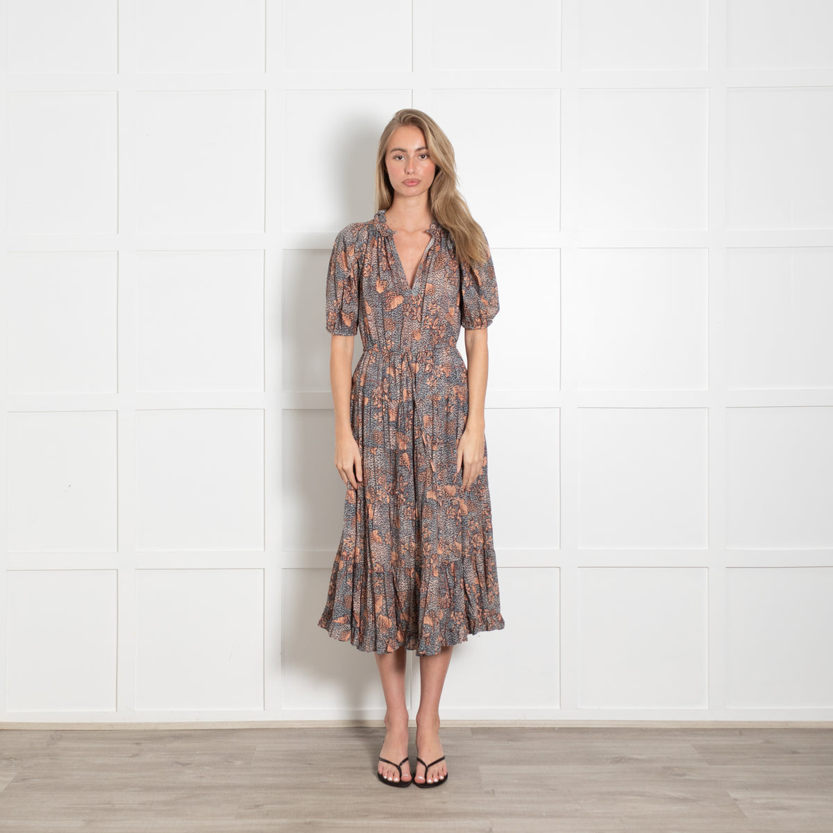 Ulla Johnson Orange and Teal Floral Tiered Dress