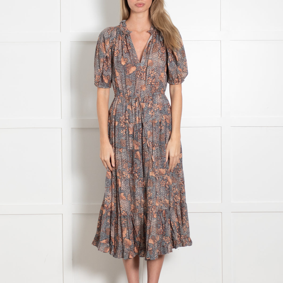 Ulla Johnson Orange and Teal Floral Tiered Dress