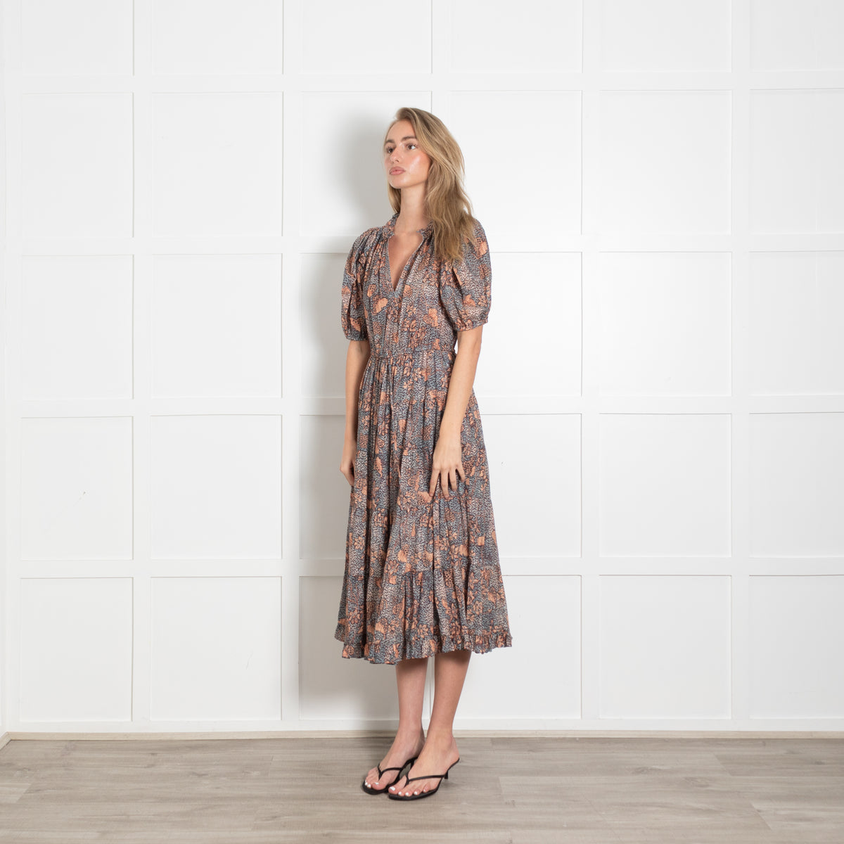 Ulla Johnson Orange and Teal Floral Tiered Dress