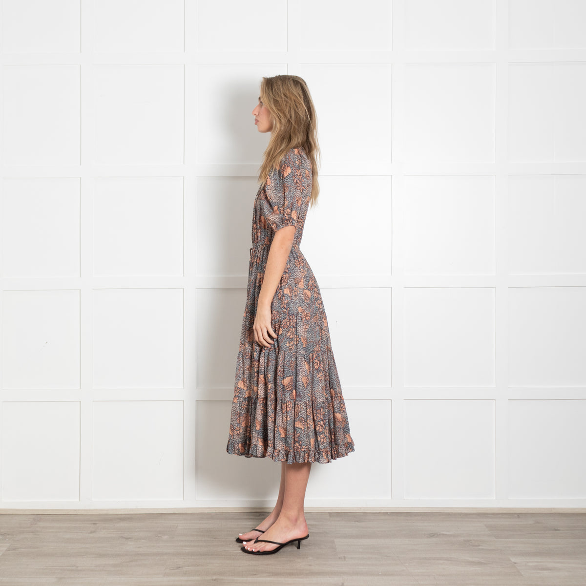 Ulla Johnson Orange and Teal Floral Tiered Dress