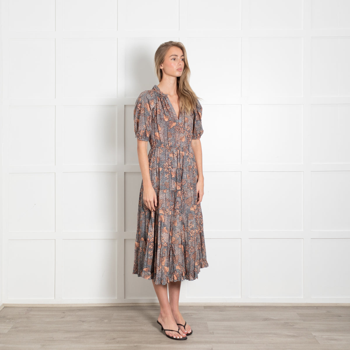 Ulla Johnson Orange and Teal Floral Tiered Dress