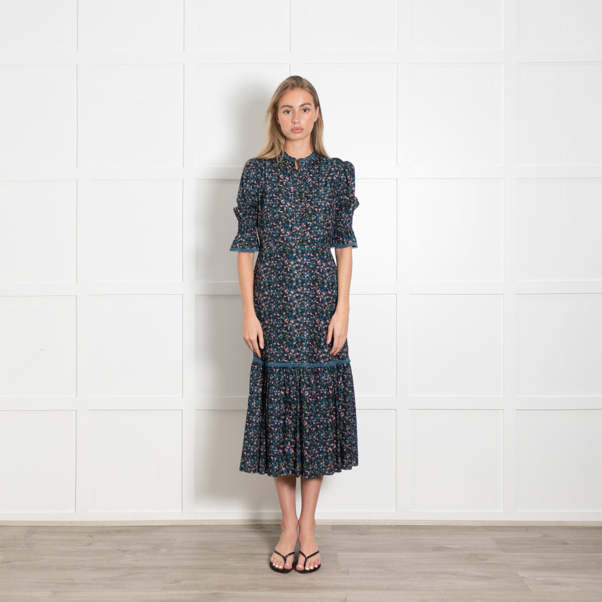 Wyse London Aimee Dress in Green Floral Confetti With Frill Cuffs