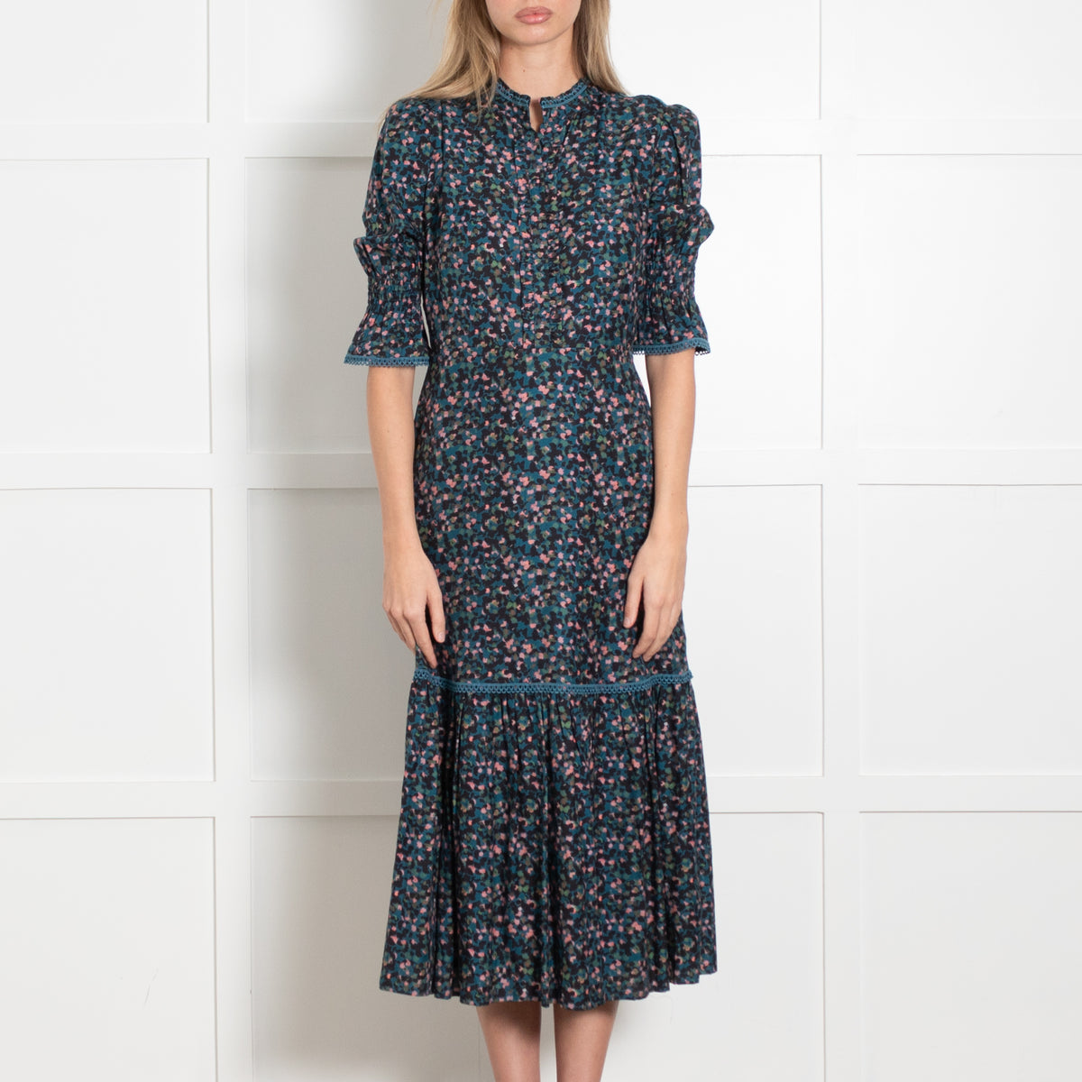 Wyse London Aimee Dress in Green Floral Confetti With Frill Cuffs