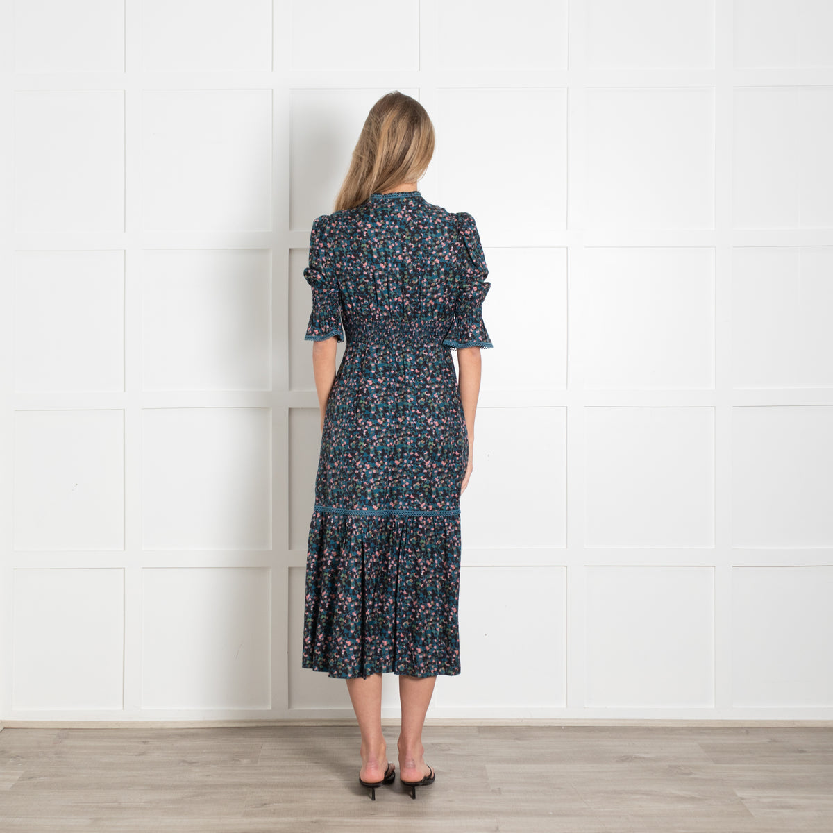 Wyse London Aimee Dress in Green Floral Confetti With Frill Cuffs