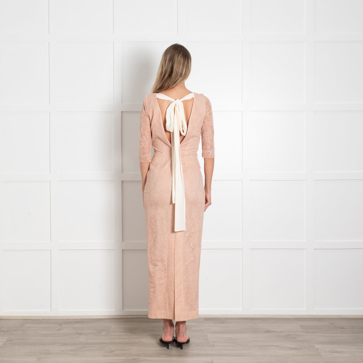 Alessandra Rich Pale Rose Stretch Chantilly Lace Column Dress With Back Neck Tie
