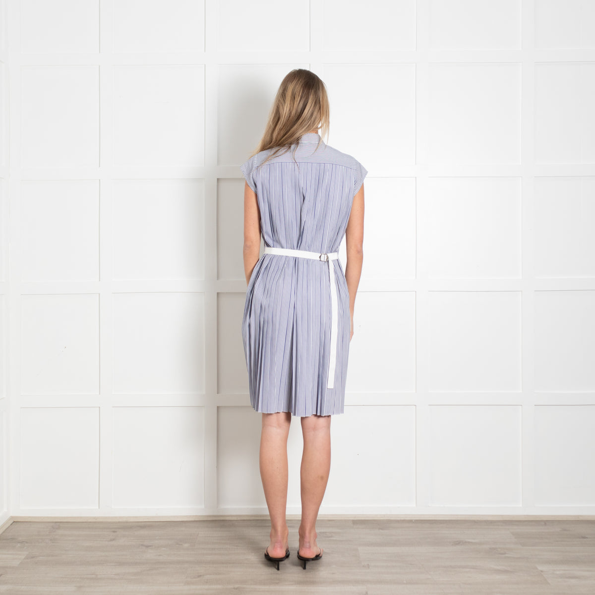 Sacai Blue & White Striped Cotton Dress With Pleated Back And Capped Sleeves