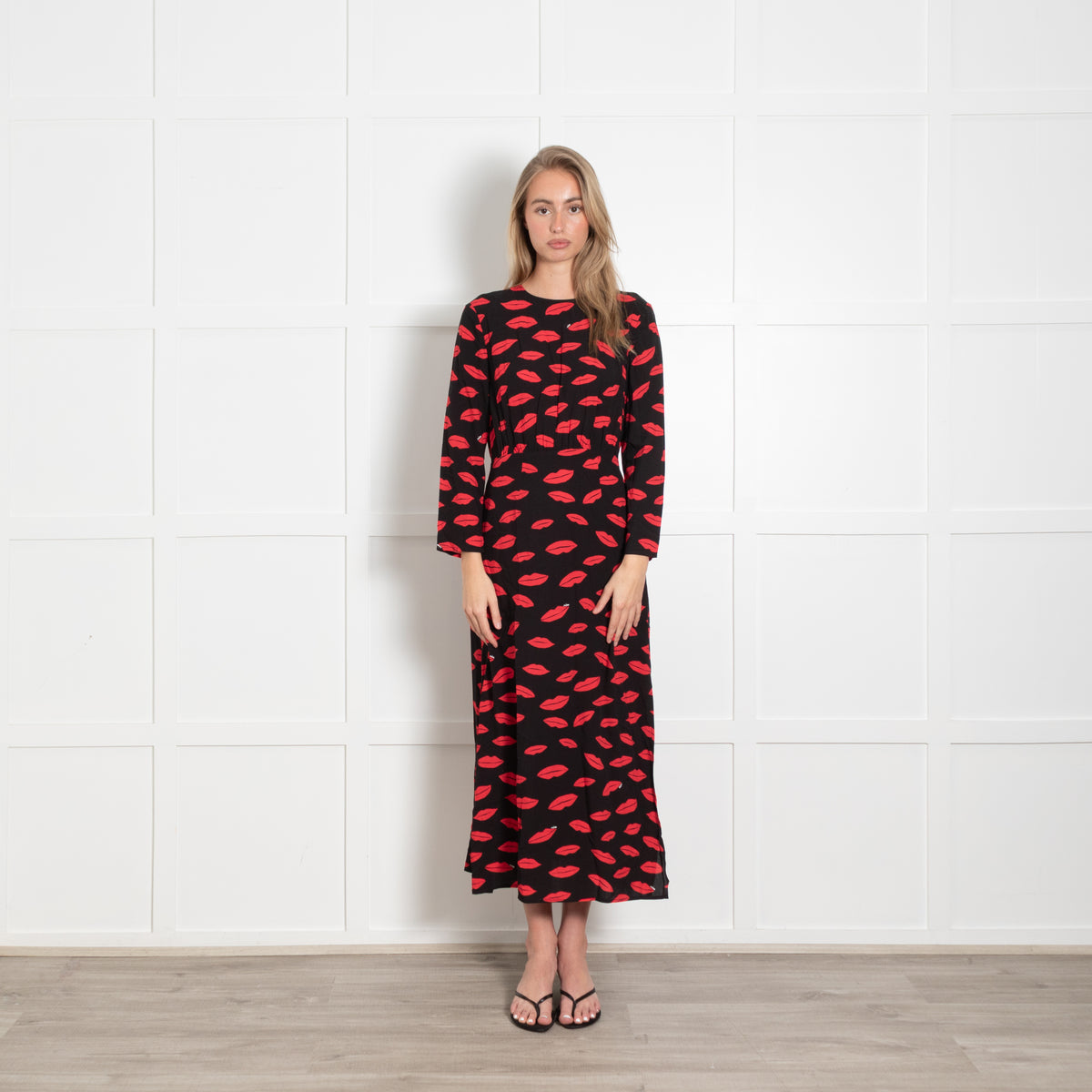 Rixo Black Dress With Red Lip Pattern