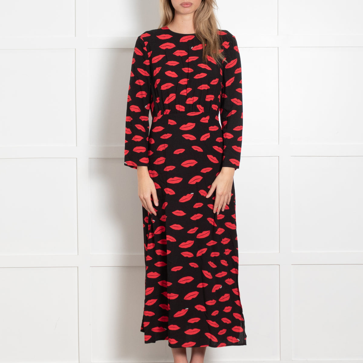 Rixo Black Dress With Red Lip Pattern