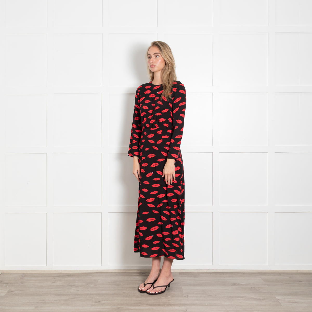 Rixo Black Dress With Red Lip Pattern