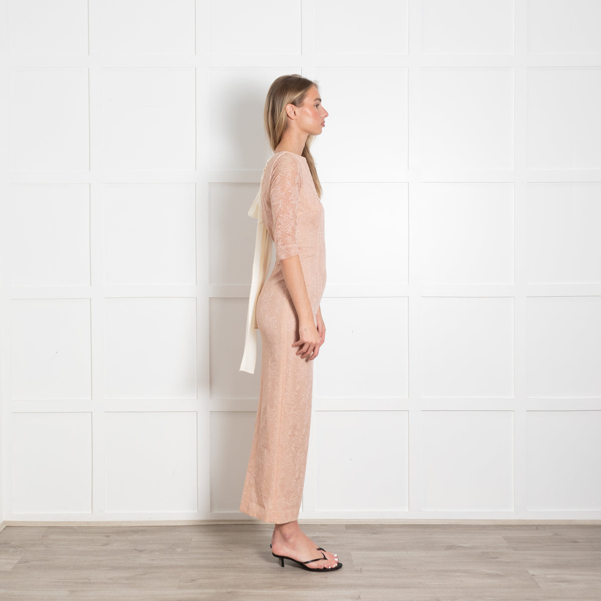 Alessandra Rich Pale Rose Stretch Chantilly Lace Column Dress With Back Neck Tie