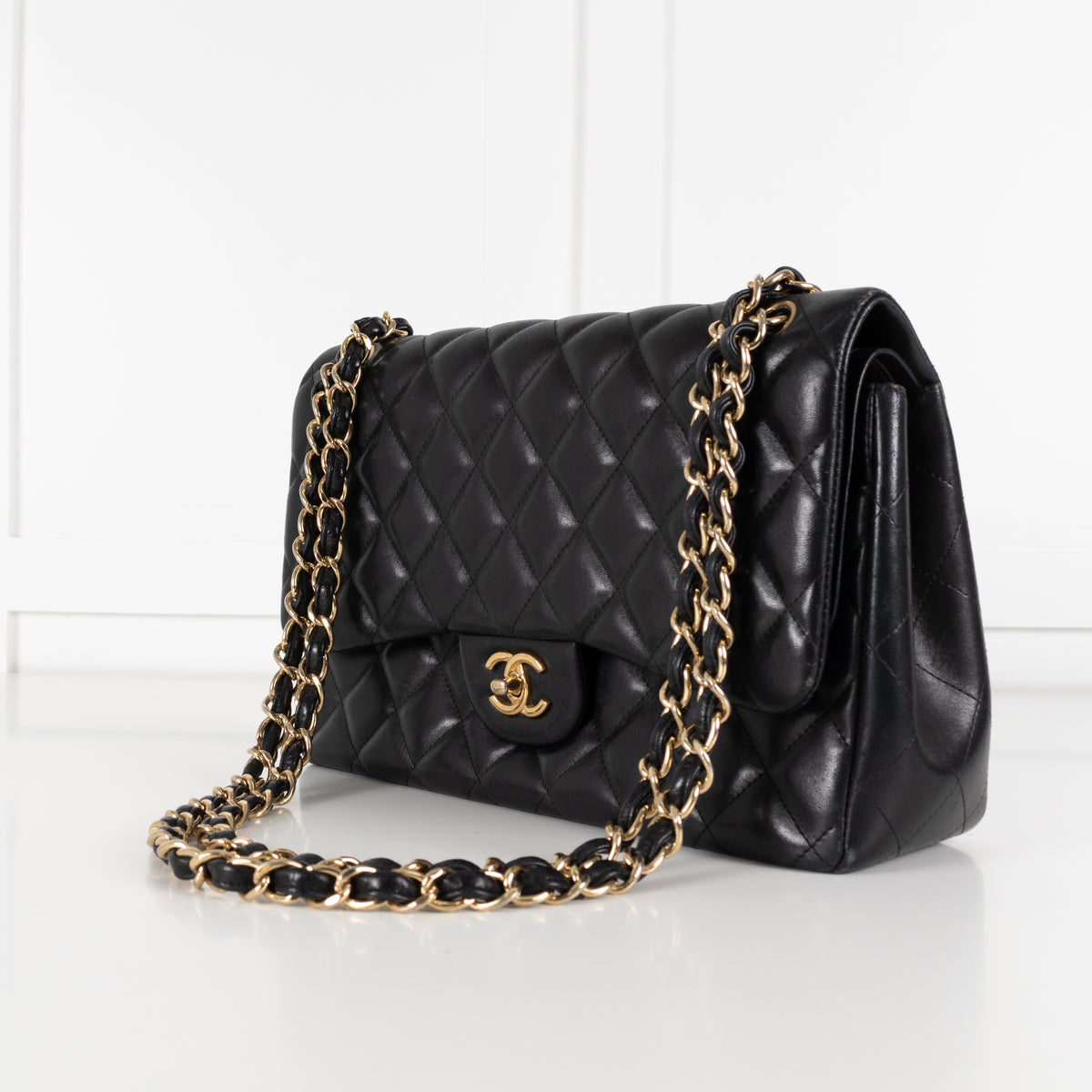 Chanel Black Lambskin Jumbo Matelasse Double Flap Double