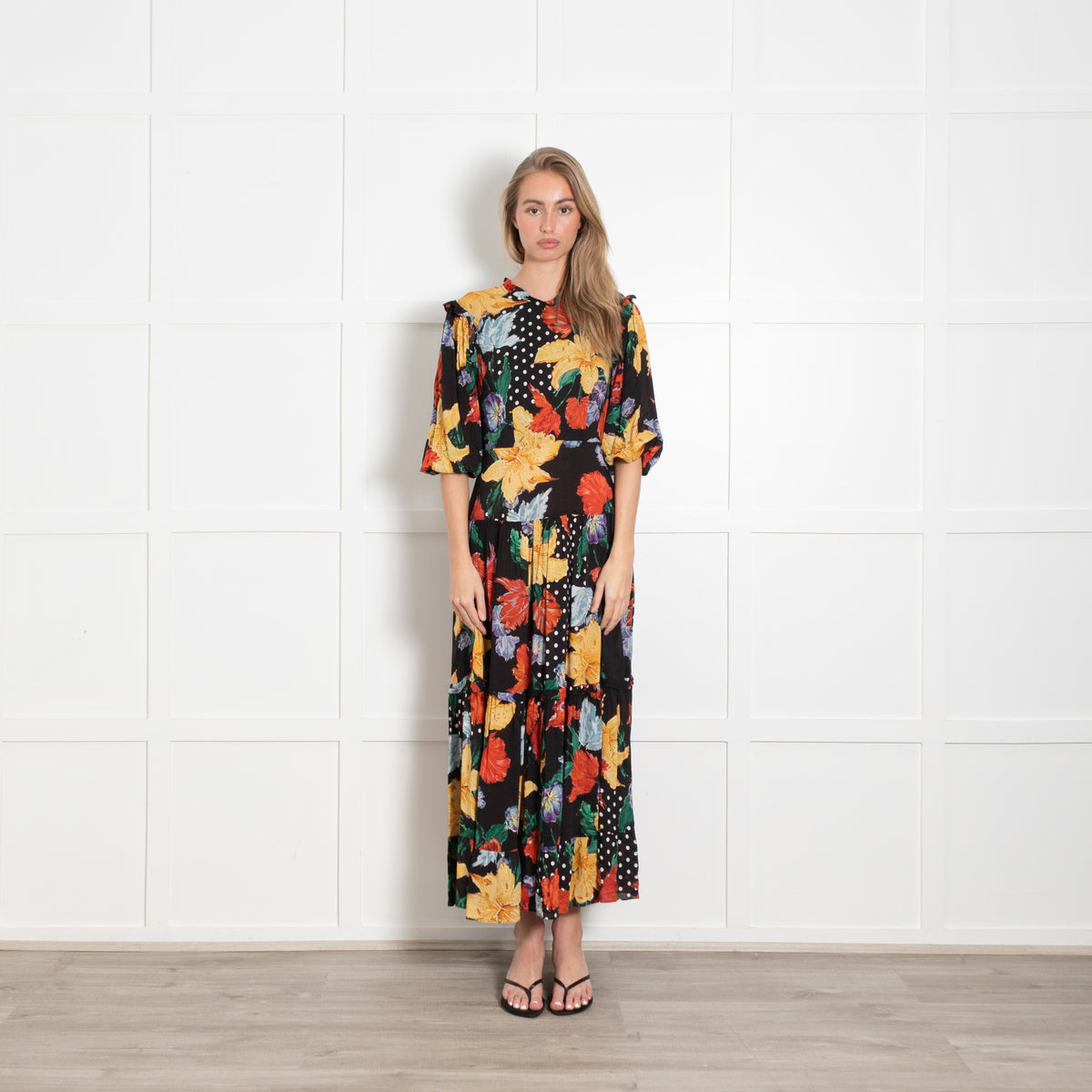 Rixo London Monet Yellow And Black Floral Tiered Dress