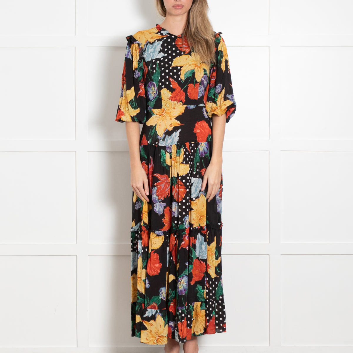 Rixo London Monet Yellow And Black Floral Tiered Dress