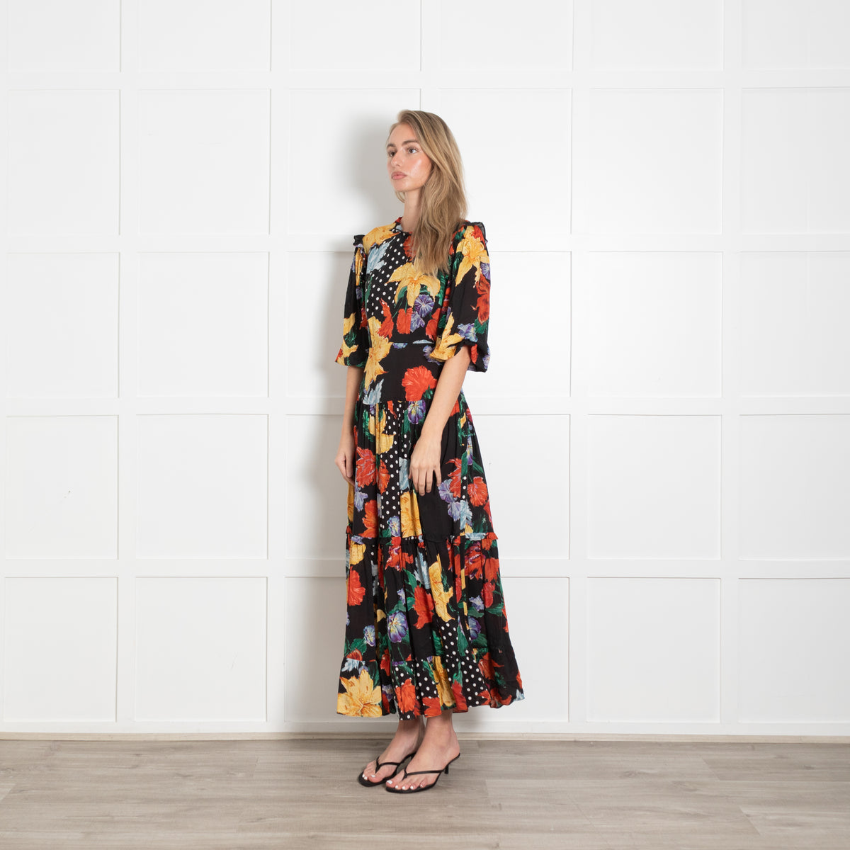 Rixo London Monet Yellow And Black Floral Tiered Dress