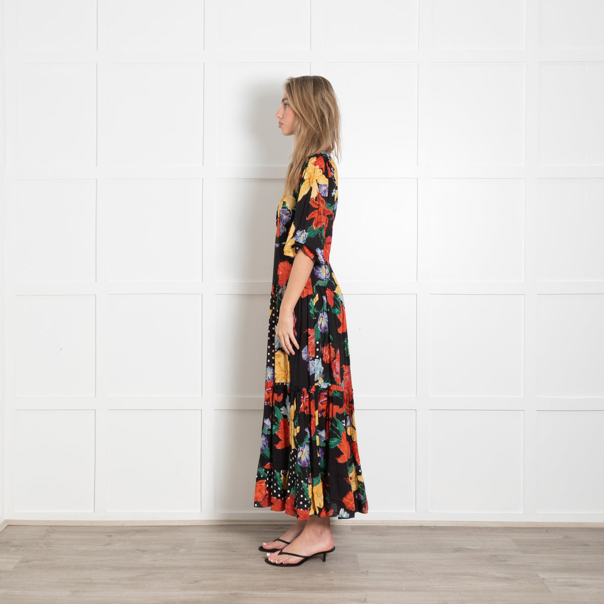 Rixo London Monet Yellow And Black Floral Tiered Dress