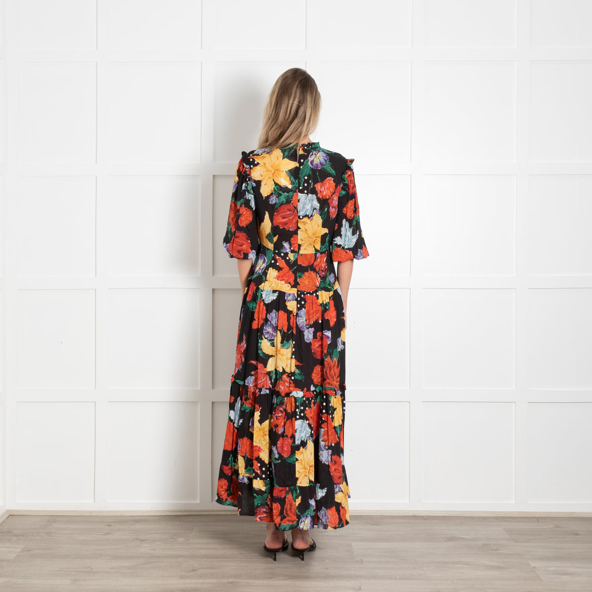 Rixo London Monet Yellow And Black Floral Tiered Dress