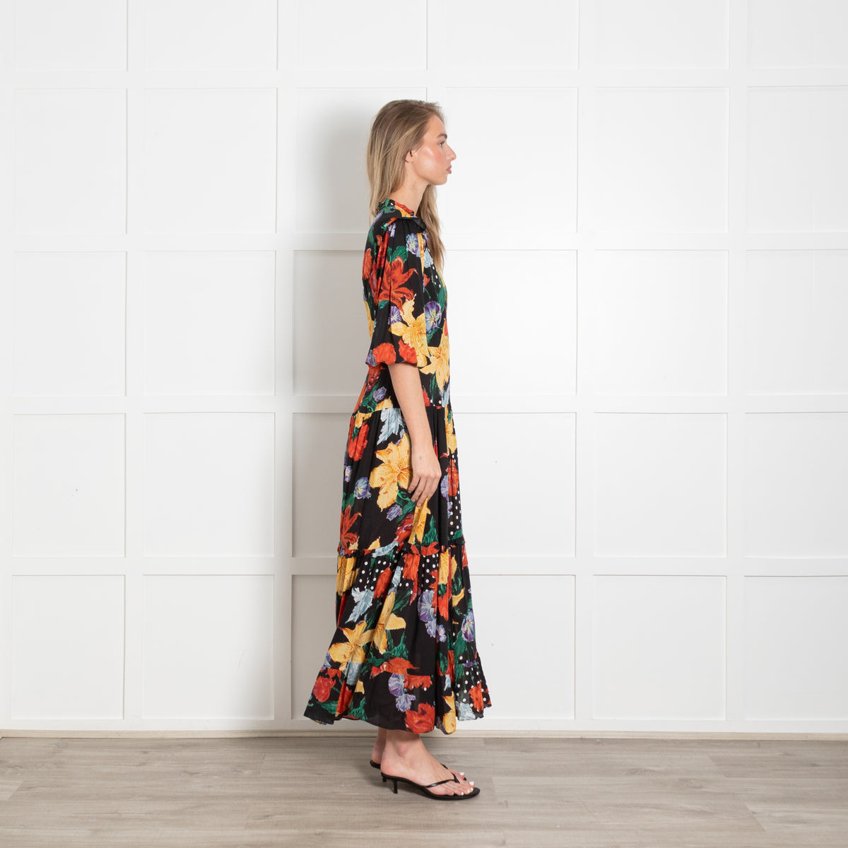 Rixo London Monet Yellow And Black Floral Tiered Dress