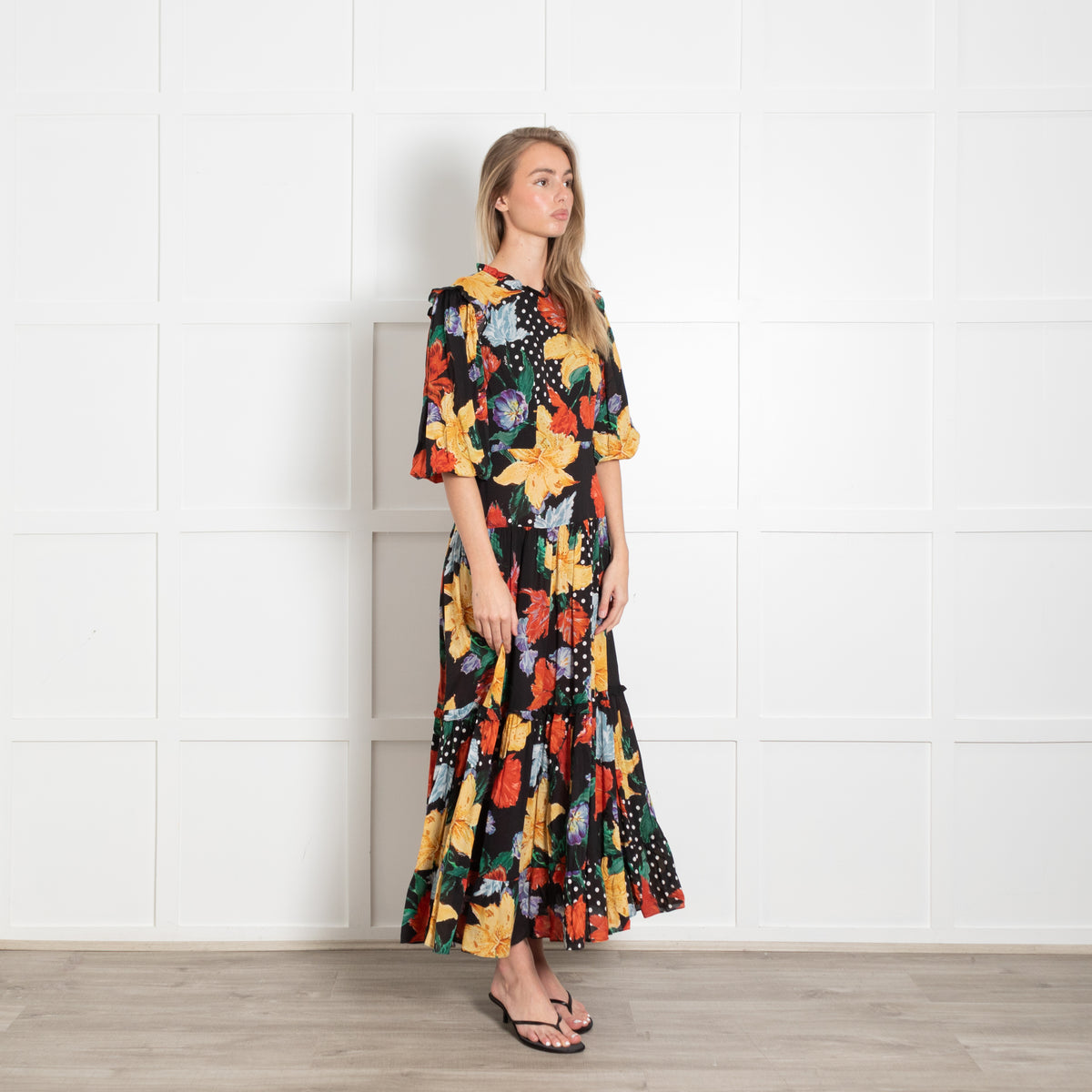Rixo London Monet Yellow And Black Floral Tiered Dress