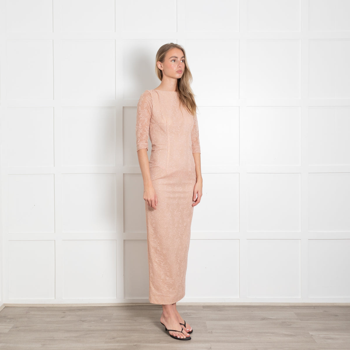 Alessandra Rich Pale Rose Stretch Chantilly Lace Column Dress With Back Neck Tie