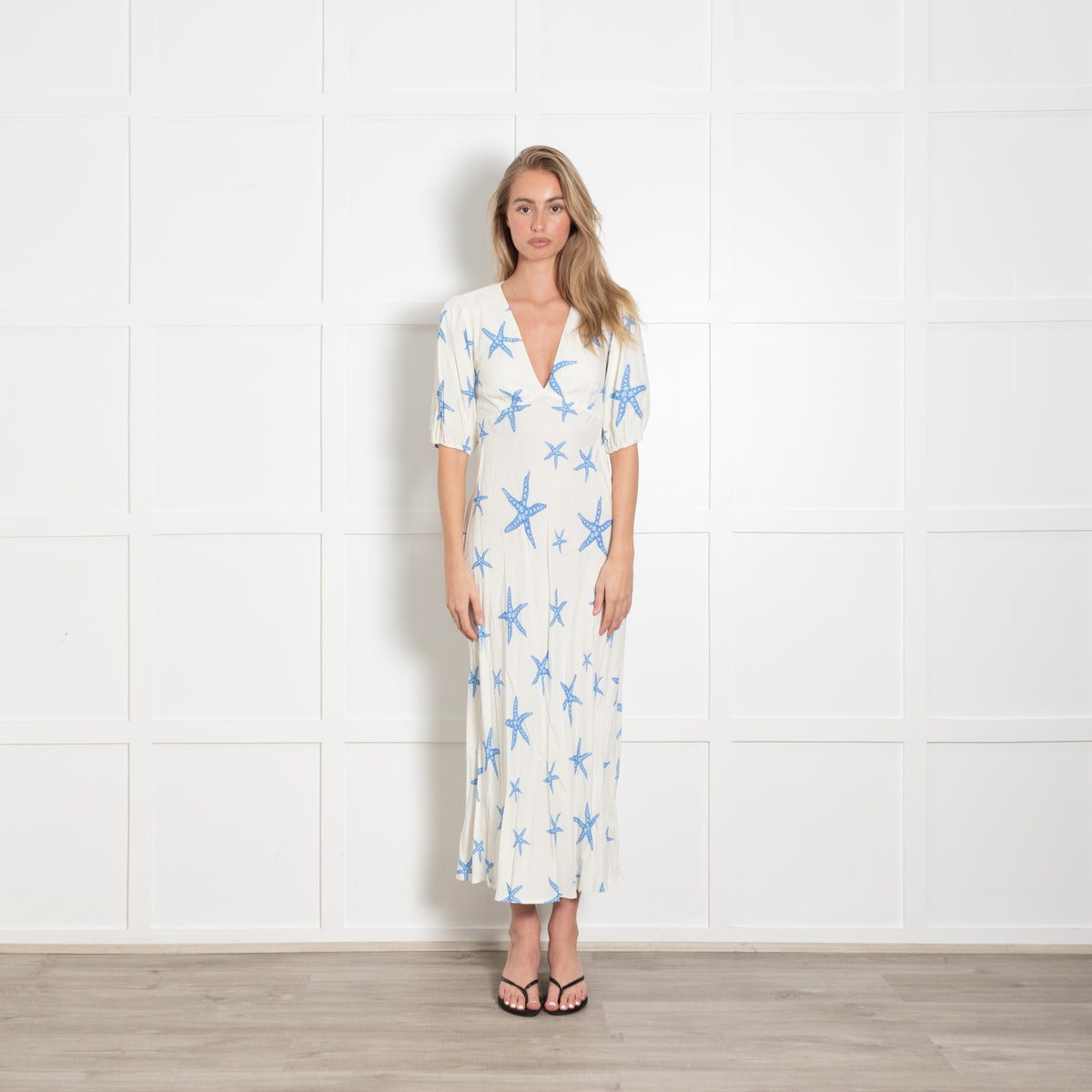 Rixo White Dress With Blue Sea Shells