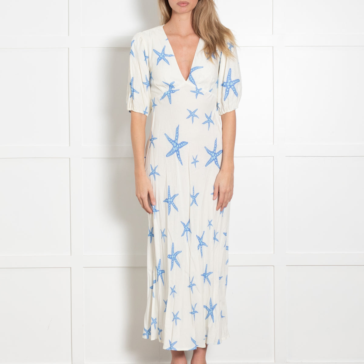 Rixo White Dress With Blue Sea Shells