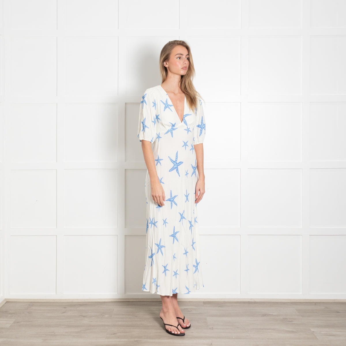 Rixo White Dress With Blue Sea Shells