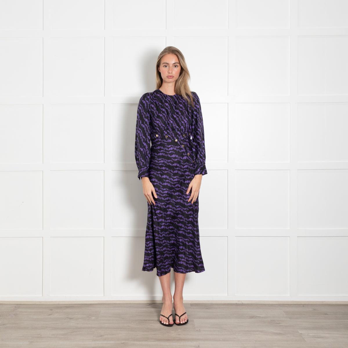 Sandro Black And Purple Dress With Gold Button Detail