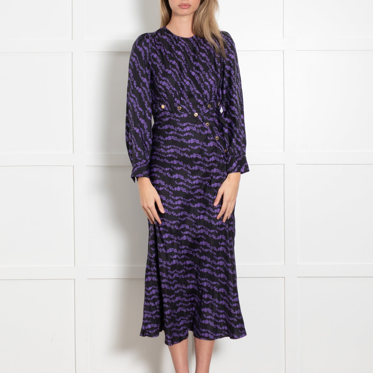 Sandro Black And Purple Dress With Gold Button Detail