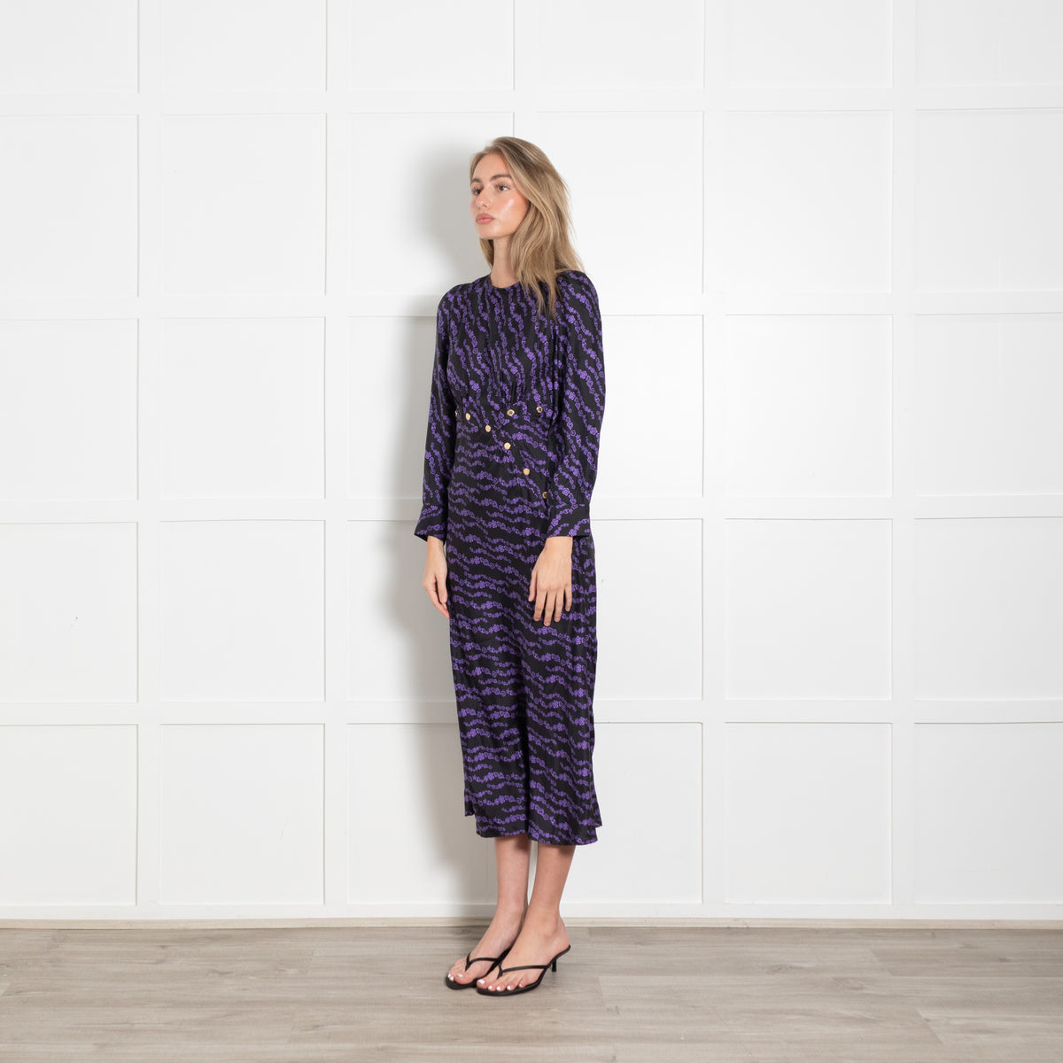 Sandro Black And Purple Dress With Gold Button Detail