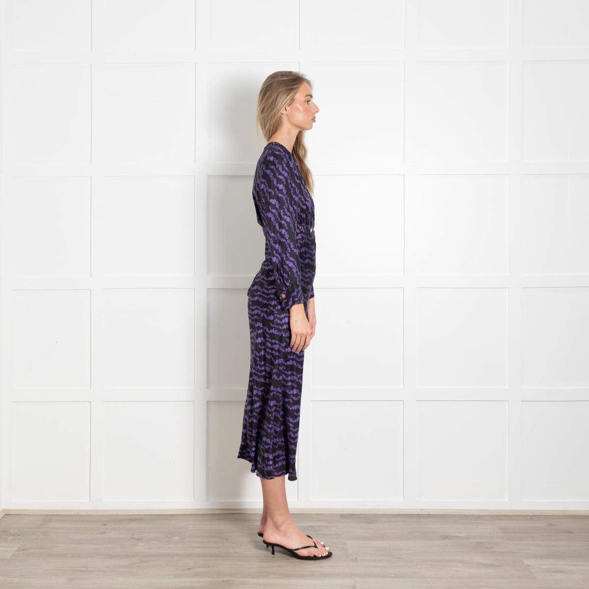 Sandro Black And Purple Dress With Gold Button Detail